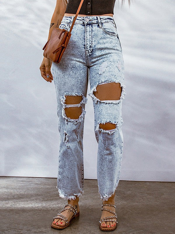 Women's High Waist Sky Blue Ripped Jeans with Raw Hem