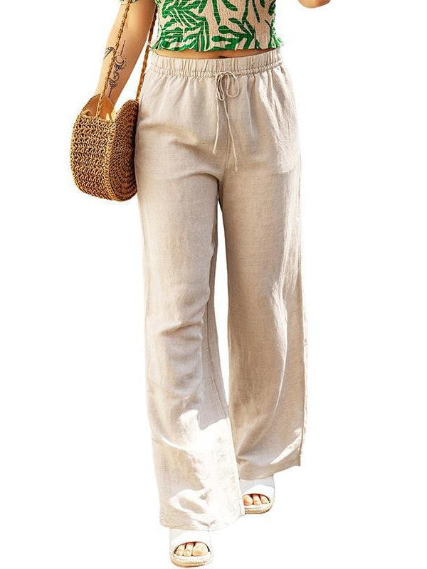 Women's Loose Linen Wide-leg Pants with Elastic Waistband and Tie Drawstring