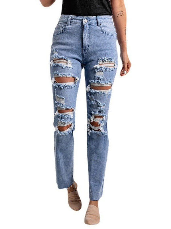 High Waist Blue Ripped Jeans with Nine-Point Length Street Style for Fashionable Women