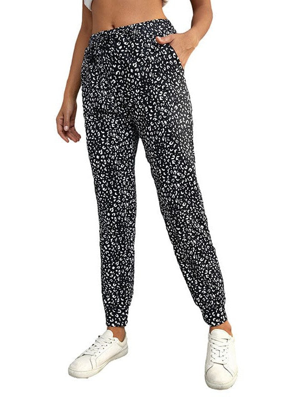 Women's High-Waisted Leopard Print Casual Pants with Elasticated Ankles