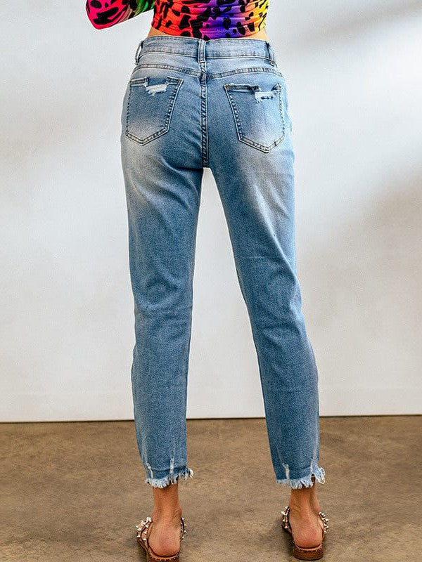 High Waist Blue Ripped Jeans with Nine-Point Length Street Style for Fashionable Women