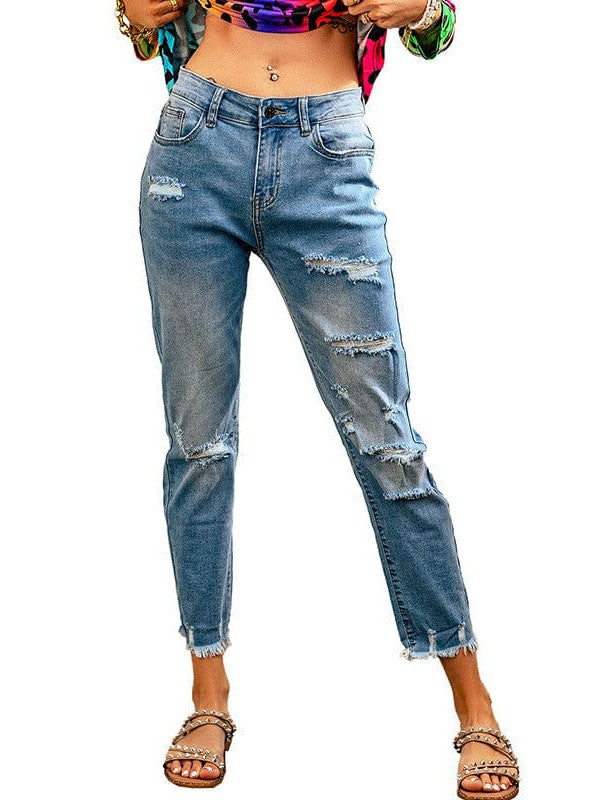 High Waist Blue Ripped Jeans with Nine-Point Length Street Style for Fashionable Women