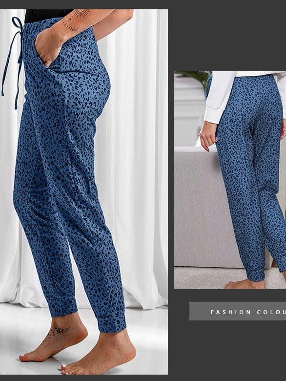 Women's High-Waisted Leopard Print Casual Pants with Elasticated Ankles
