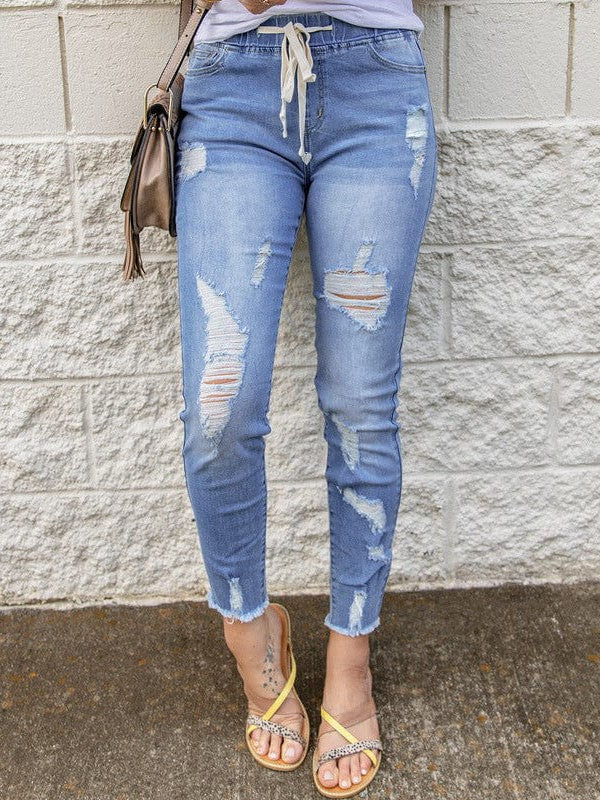 Elastic Waist Ripped Denim Jeans for Women with Drawstring Closure