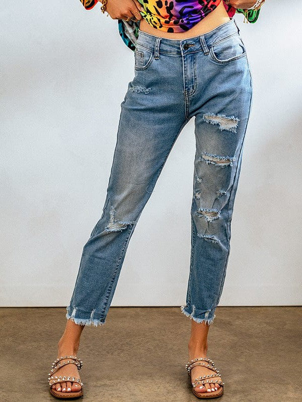 High Waist Blue Ripped Jeans with Nine-Point Length Street Style for Fashionable Women