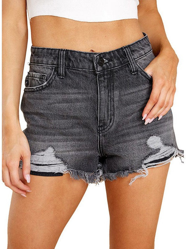 High Waist Lace Denim Shorts with Frayed Lace Detail for Women