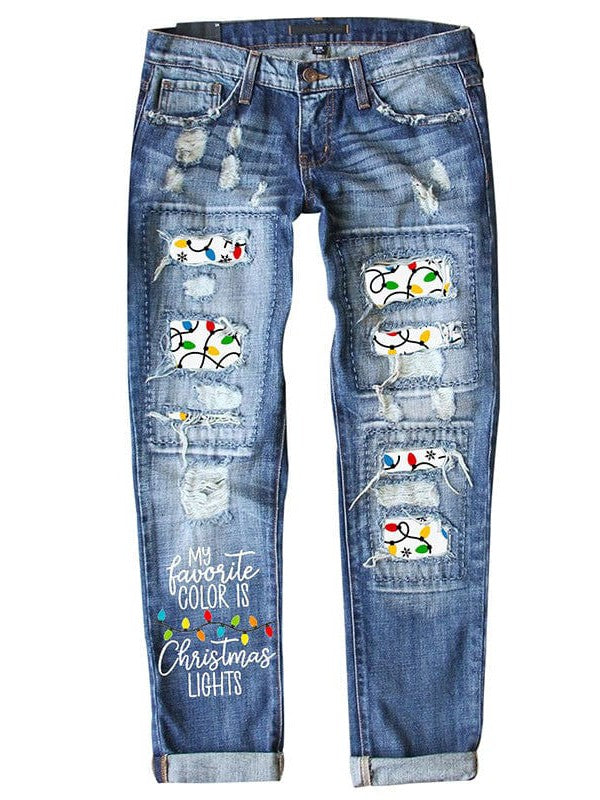 Heat Transfer Patch Small-Leg Denim Jeans with Ripped Buttons for Women