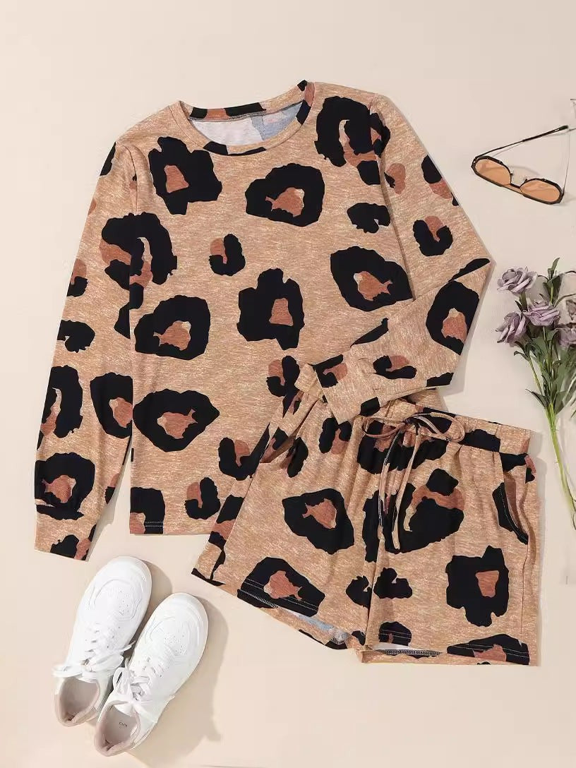 Leopard Print Streetwear Two-Piece Set with Long Sleeve Shorts for Women