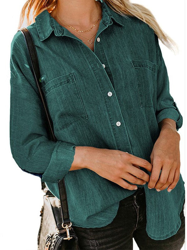 Casual Denim Jacket with Double Pockets and Frayed Edges