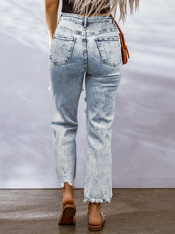 Women's High Waist Sky Blue Ripped Jeans with Raw Hem