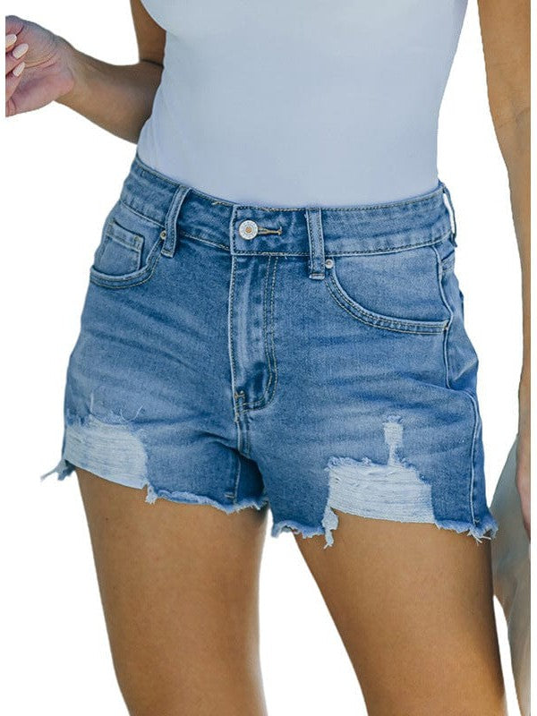 High Waist Lace Denim Shorts with Frayed Lace Detail for Women
