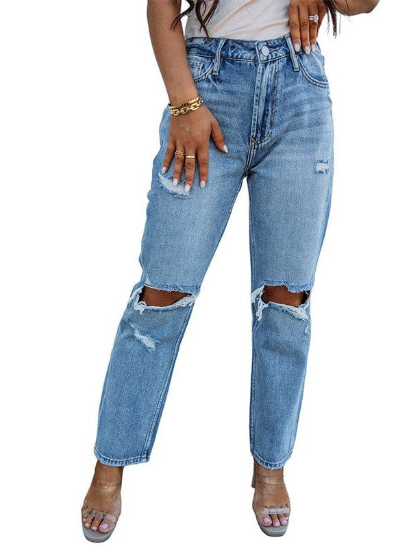 Stylish ladies high-waisted ripped jeans with a touch of modernity and comfort for women