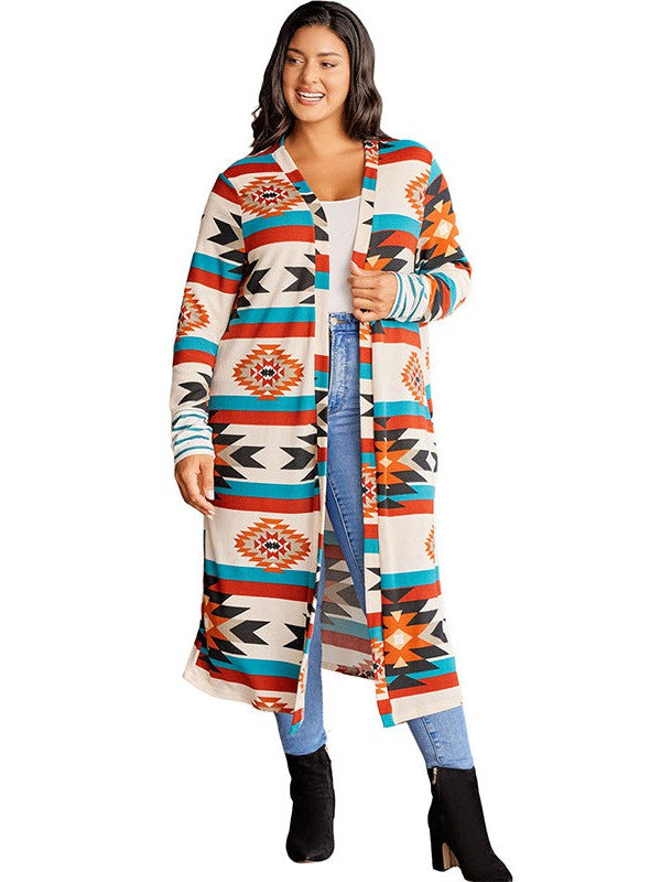Geometric Print Plus Size Knitted Cardigan for Women