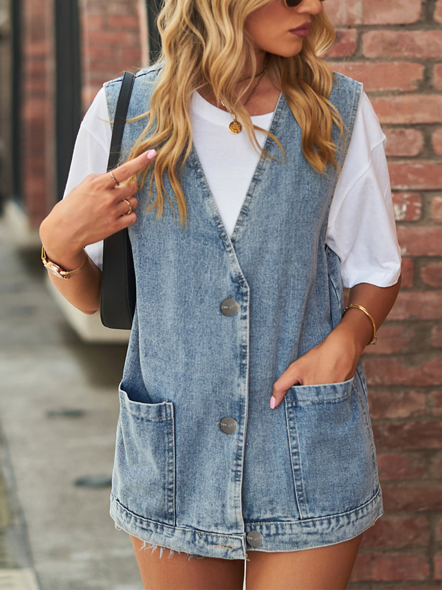 Button-Up Denim Sleeveless Tank Top