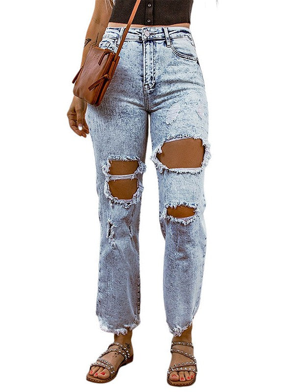 Women's High Waist Sky Blue Ripped Jeans with Raw Hem