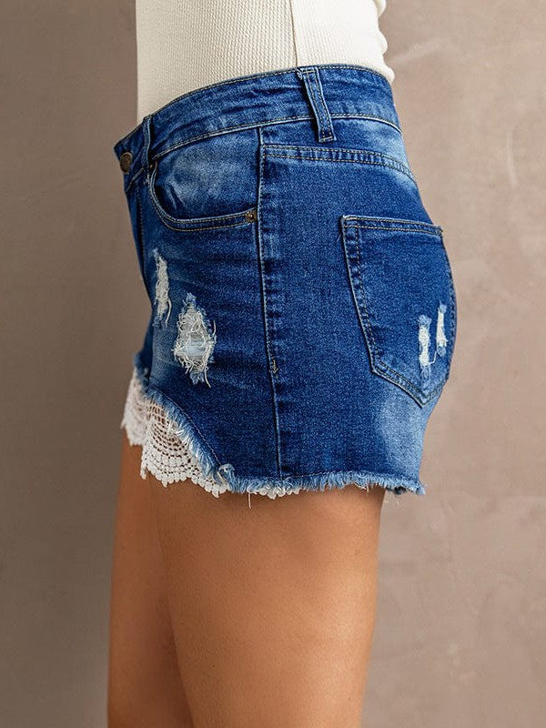 High Waist Lace Denim Shorts with Frayed Lace Detail for Women