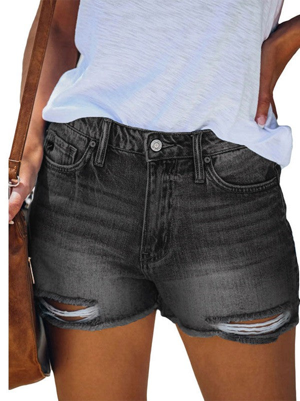 Women's High Waist Frayed Denim Shorts - Stylish Straight-leg Jeans
