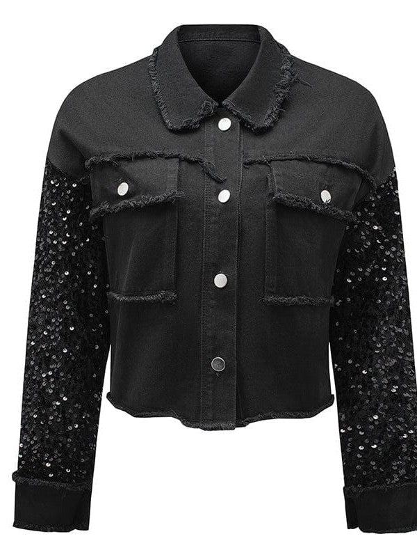 Women's Street Denim Sequined Jacket with Personalized Long Sleeves and Versatile Fit