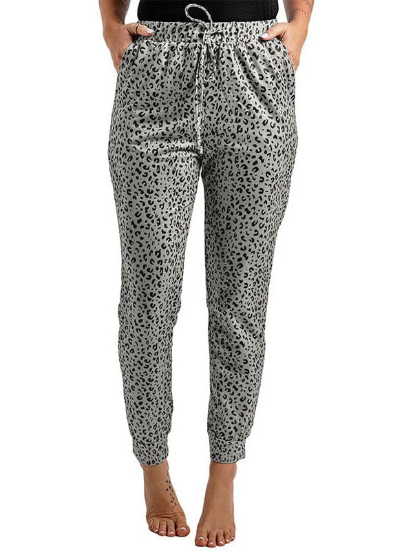Women's High-Waisted Leopard Print Casual Pants with Elasticated Ankles