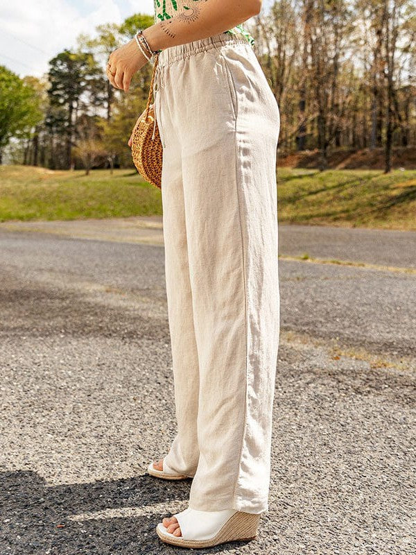 Women's Loose Linen Wide-leg Pants with Elastic Waistband and Tie Drawstring