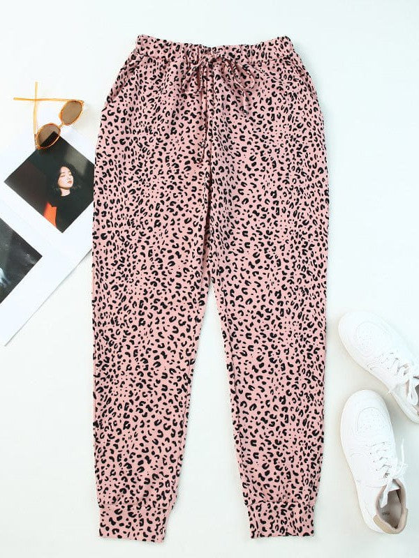 Women's High-Waisted Leopard Print Casual Pants with Elasticated Ankles