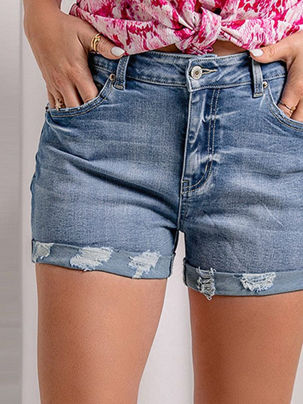 Women's High Waist Frayed Denim Shorts - Stylish Straight-leg Jeans