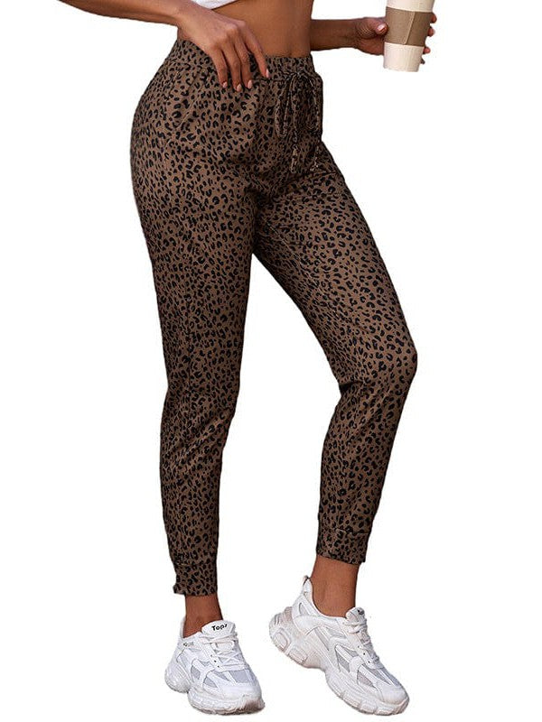 Women's High-Waisted Leopard Print Casual Pants with Elasticated Ankles