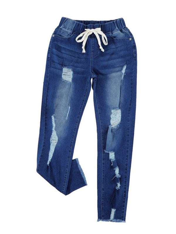 Elastic Waist Ripped Denim Jeans for Women with Drawstring Closure