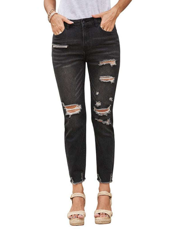 High Waist Blue Ripped Jeans with Nine-Point Length Street Style for Fashionable Women