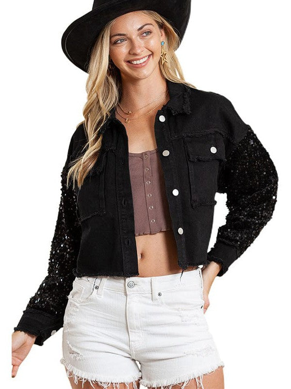 Women's Street Denim Sequined Jacket with Personalized Long Sleeves and Versatile Fit