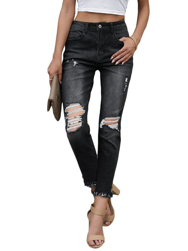 High Waist Blue Ripped Jeans with Nine-Point Length Street Style for Fashionable Women