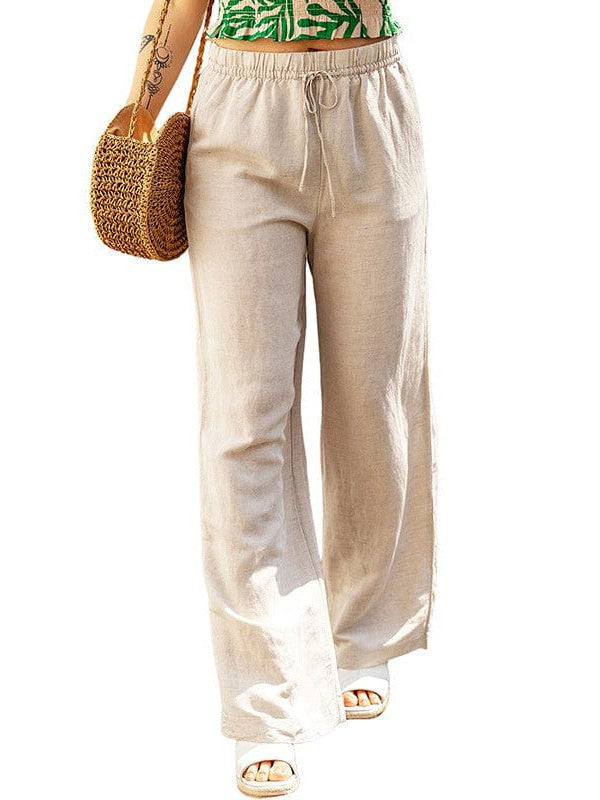 Women's Loose Linen Wide-leg Pants with Elastic Waistband and Tie Drawstring