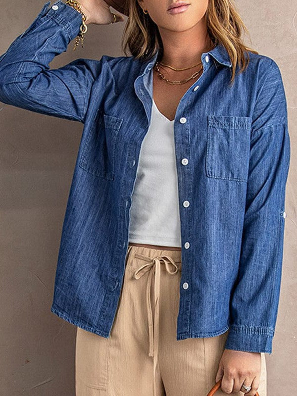 Casual Denim Jacket with Double Pockets and Frayed Edges