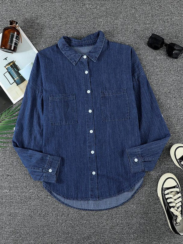Casual Denim Jacket with Double Pockets and Frayed Edges