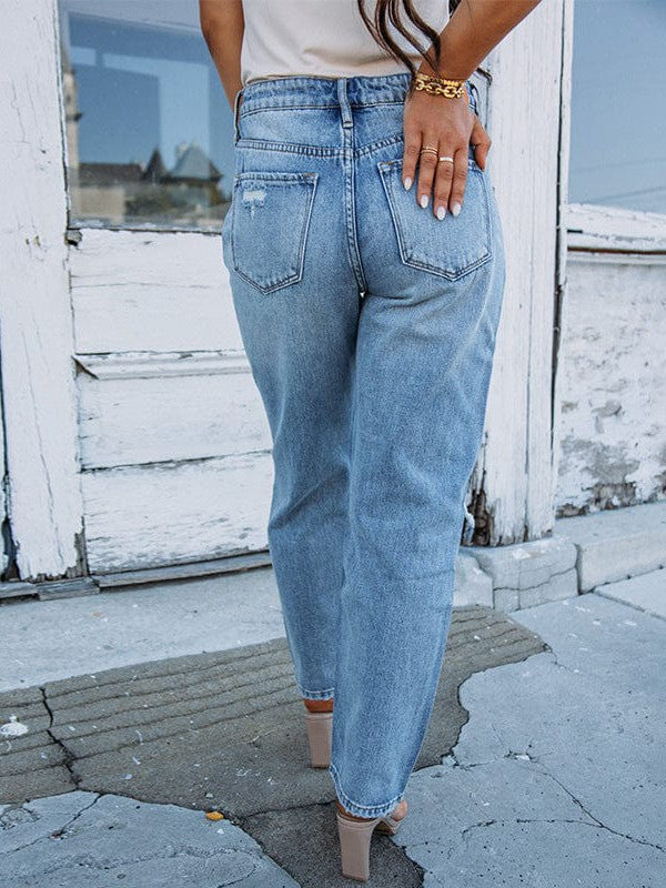 Stylish ladies high-waisted ripped jeans with a touch of modernity and comfort for women