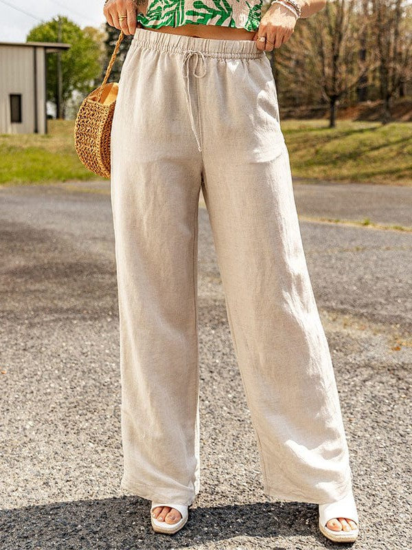 Women's Loose Linen Wide-leg Pants with Elastic Waistband and Tie Drawstring