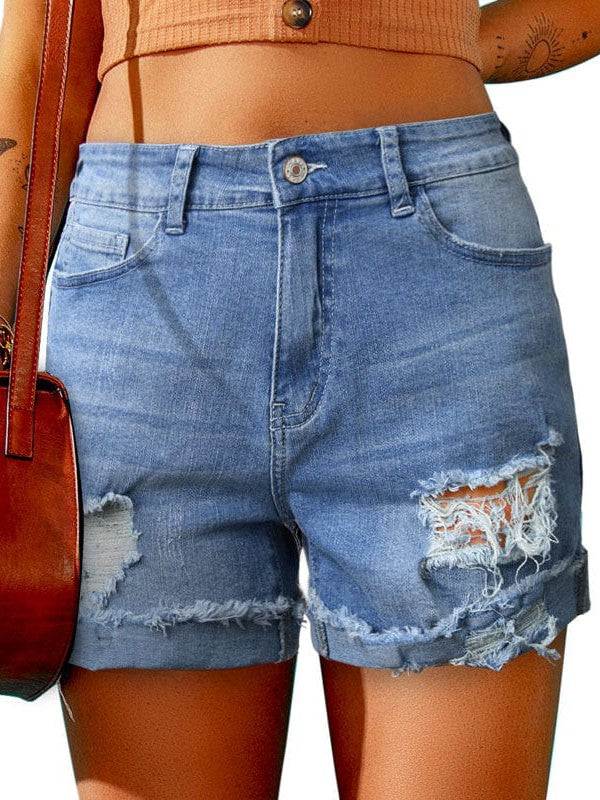 Women's High Waist Frayed Denim Shorts - Stylish Straight-leg Jeans