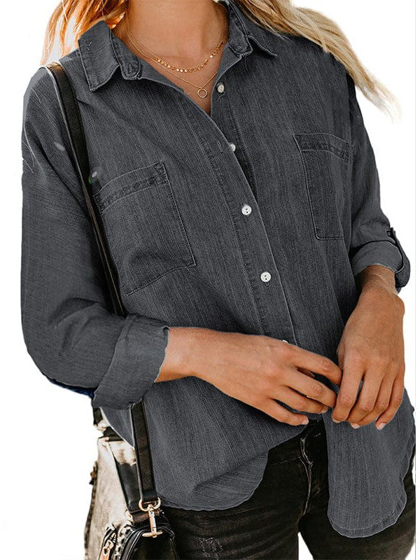 Casual Denim Jacket with Double Pockets and Frayed Edges