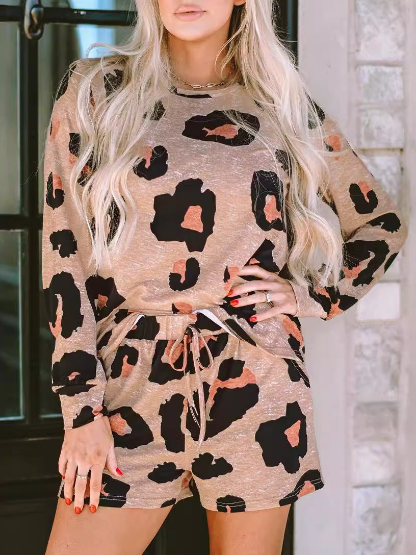 Leopard Print Streetwear Two-Piece Set with Long Sleeve Shorts for Women