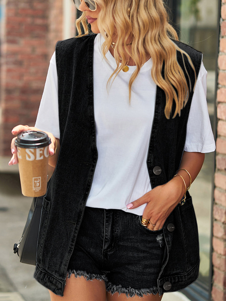 Button-Up Denim Sleeveless Tank Top
