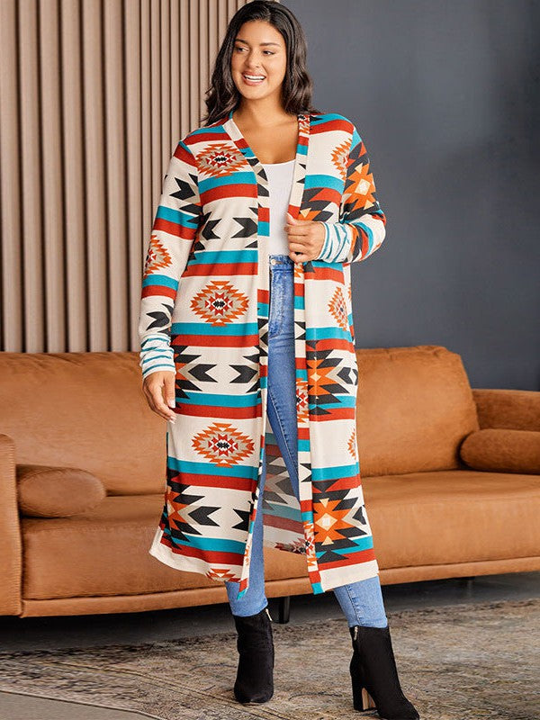 Geometric Print Plus Size Knitted Cardigan for Women