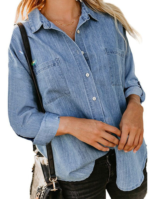 Casual Denim Jacket with Double Pockets and Frayed Edges