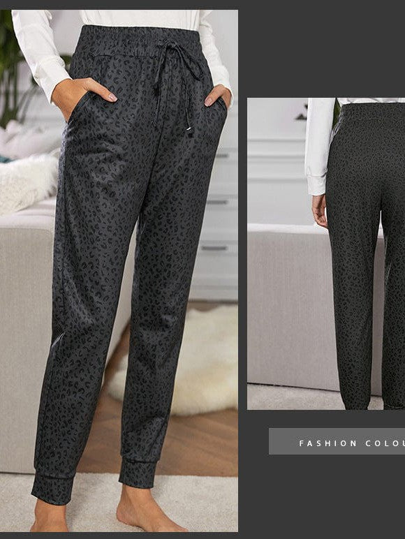 Women's High-Waisted Leopard Print Casual Pants with Elasticated Ankles