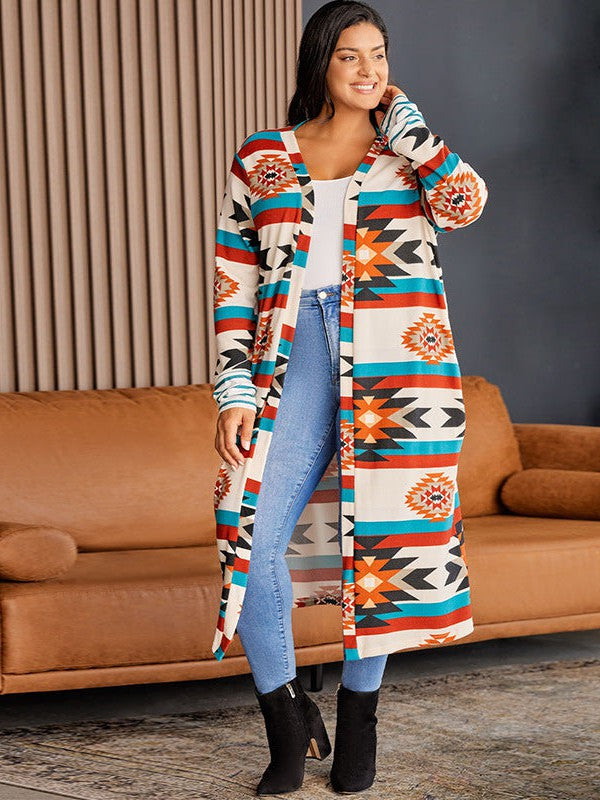 Geometric Print Plus Size Knitted Cardigan for Women