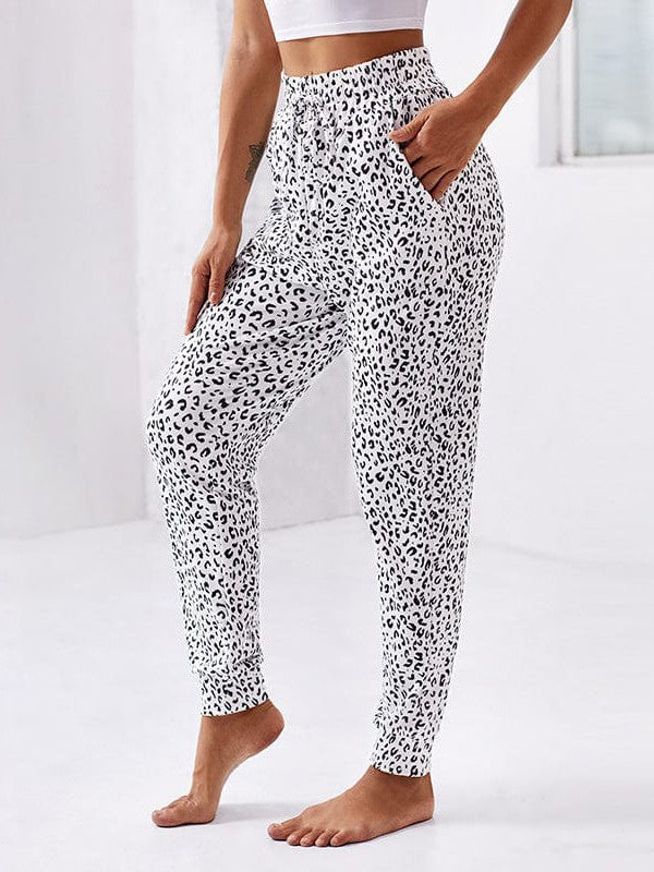 Women's High-Waisted Leopard Print Casual Pants with Elasticated Ankles