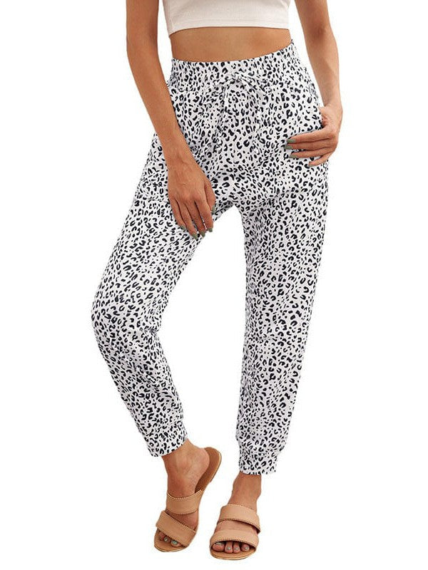 Women's High-Waisted Leopard Print Casual Pants with Elasticated Ankles