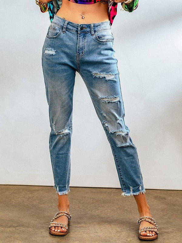 High Waist Blue Ripped Jeans with Nine-Point Length Street Style for Fashionable Women