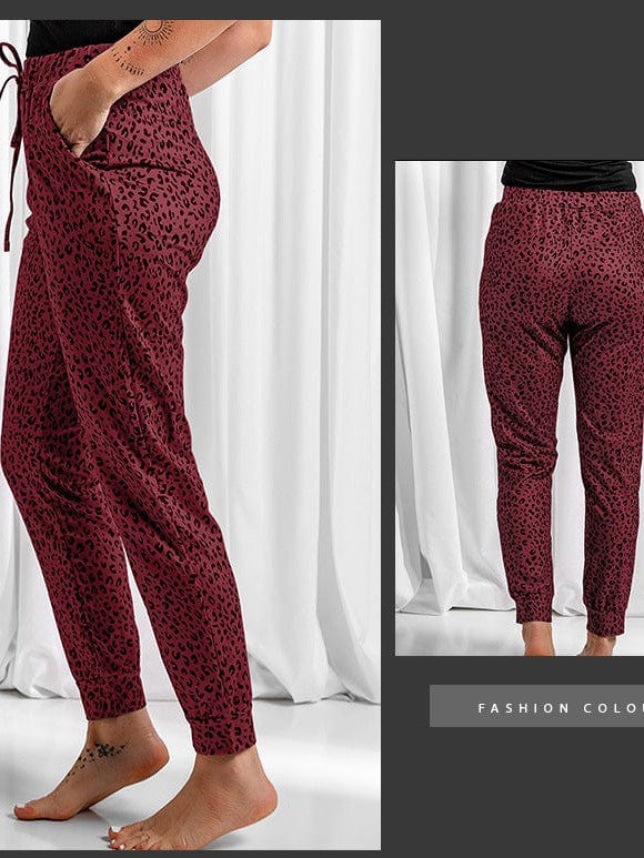 Women's High-Waisted Leopard Print Casual Pants with Elasticated Ankles