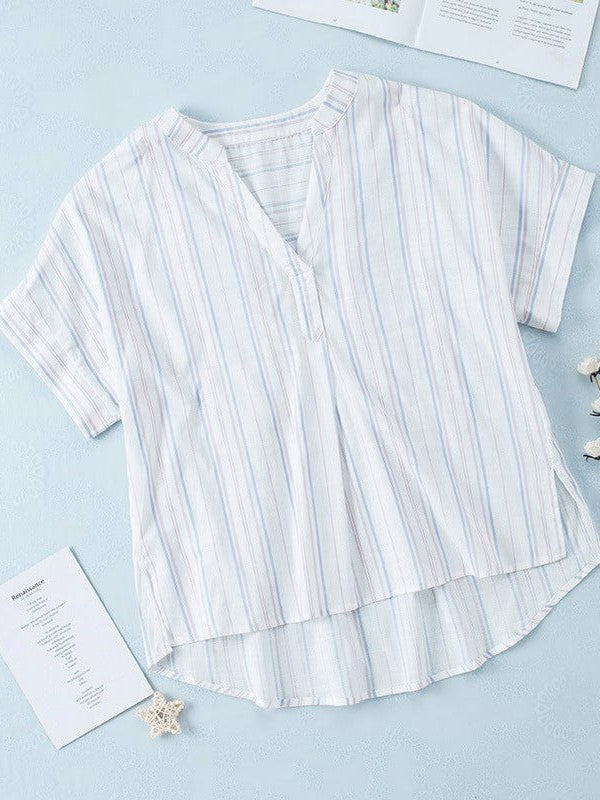 Striped Print V-Neck Top with Trendy Hem Slit - Women's Loose Cotton Blouse
