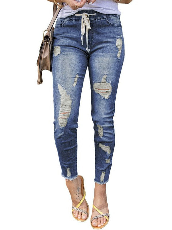 Elastic Waist Ripped Denim Jeans for Women with Drawstring Closure